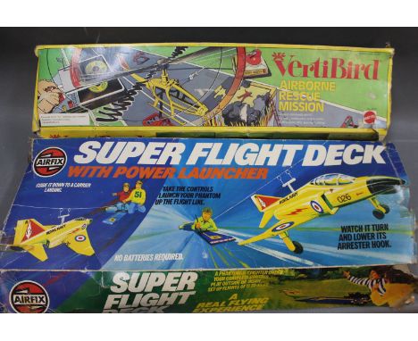 A boxed Mattel Vertibird 'Airborne Rescue Mission' toy and an Airfix Super Flight Deck with power launcher  