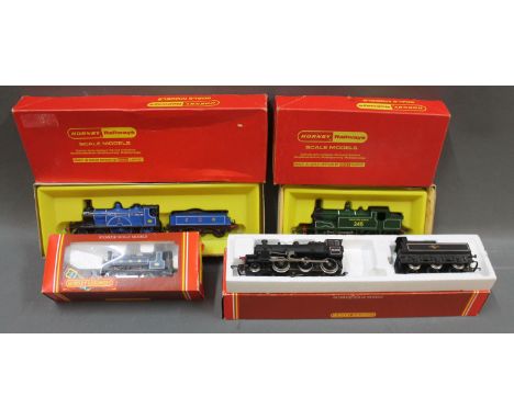 A group of 4 Hornby 00 gauge locomotives: BR Black Ivatt Class 2MT 46400 2-6-0 steam locomotive and tender, a Caledonian 0-4-