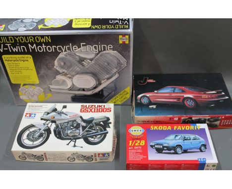 A group of 4 miscellaneous model kits to include Tamiya, Smer and Fujimi: Just tuning Toyota MR2 GT 93, Skoda Favorit, Suzuki