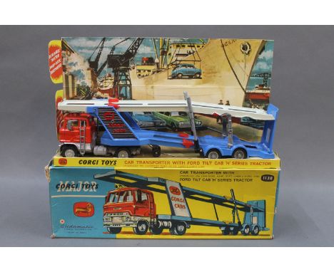 A Corgi Major Car Transporter with Ford tilt cab "H" series tractor (1138), having 'Corgi Cars' car transporter, displayed on