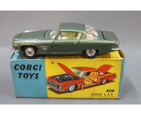 A Corgi Ghia L.6.4 with Chrysler engine (241), having metallic green body and cream interior, in blue and yellow picture box