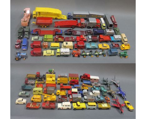 A box of Matchbox die cast model vehicles and airplanes, to include a modern Matchbox No.4 Massey Harris tractor and garage 