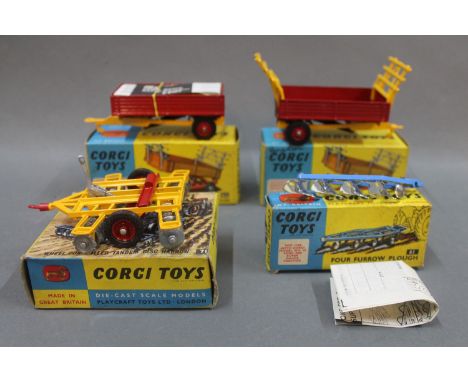 A group of four Corgi farmyard implements in yellow and blue picture boxes: 4 Furrow plough (61), Ford Tipper Trailer (62) x 