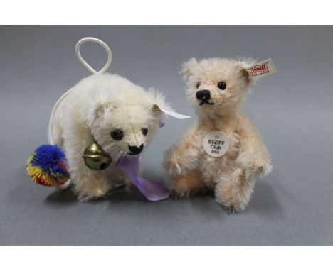 Two Steiff Club gift miniature teddy bears, to include a 2003 blonde mohair bear and a 2006 polar bear on elastic, both with 