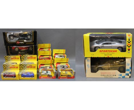 A group of three Burago 1/18 scale die cast model cars, and a number of boxed Burago, Classic Sports Car Collection and Maist