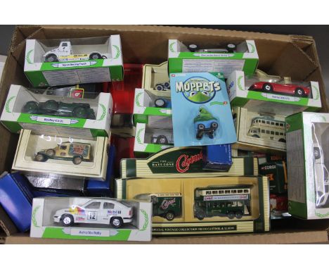 A box of mixed die cast model vehicles to include Burago, Corgi Mobil, and Eddie Stobart