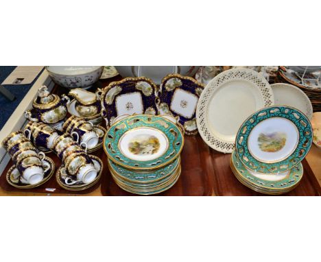 A 19th century gilt decorated and handpainted tea service; a Davenport green ground and handpainted part dinner service; a 19