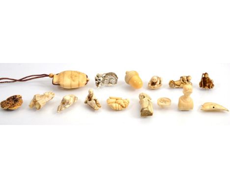 A group of late 19th/early 20th century ivory comprising of nine netsuke, an ivory inro and five other ivory items 