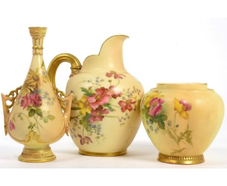 Three Royal Worcester blush ivory floral decorated ceramic pieces consisting of a jug, a jar (cover missing) and a vase with 