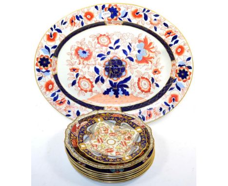 An Ashworth Ironstone well and tree platter; six Ashworth dinner plates and three others 
