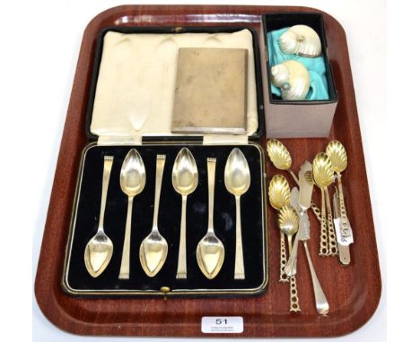 A set of six Art Deco silver grapefruit spoons, Sheffield 1937; and engine turned cigarette case with slide action, Padgett &