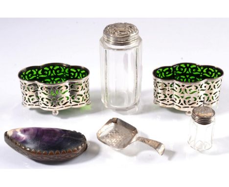 A Georgian silver caddy spoon; a pair of Chester silver salts; a silver topped jar; a shell snuff box; and a sterling silver 