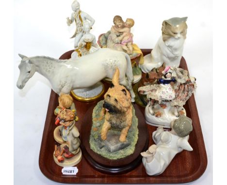 Two Border Fine Art figures depicting Cairn Terriers and a fox group; a Beswick horse; two west German Goebel figures, Nao ca