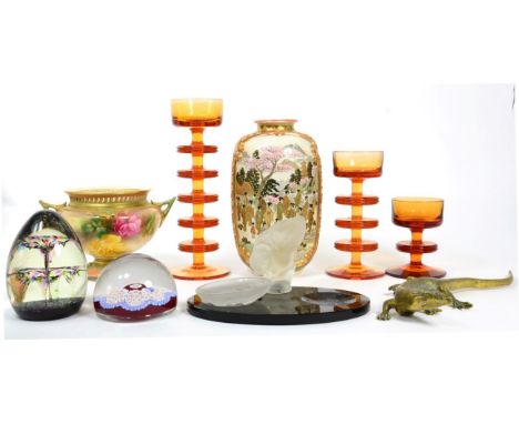 Three Wedgwood glass candlesticks designed by Ronald Stennett-Wilson; a Japanese Satsuma vase; a Hadleys Worcester vase; two 