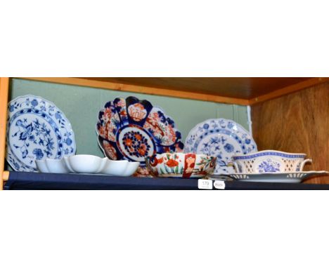 Decorative ceramics including two Meissen plates, Imari charger and bowl, and three pieces of 20th century blue and white Spo