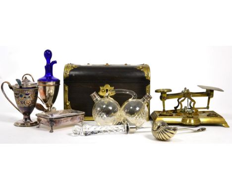 A quantity of collectors items including a Victorian ebony and brass mounted two division tea caddy, postal scales, three sil