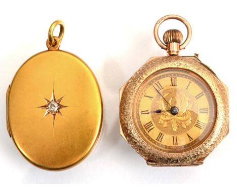 A lady's 9ct gold enamel fob watch and a single diamond set oval shaped pendant locket stamped inside 15ct