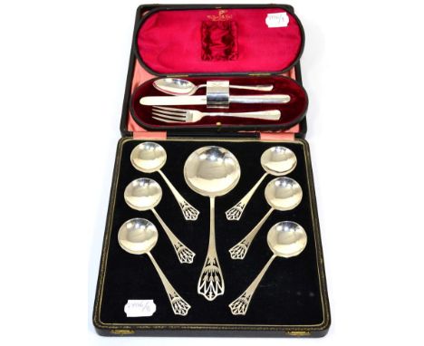 Set Art Deco silver spoons, Lanson Ltd, Birmingham 1920, in a fitted case; and a silver Christening set, Walker & Hall, Sheff