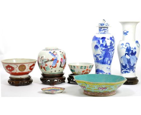 A Chinese ginger jar; two blue and white vases; three bowls and an enamel dish 