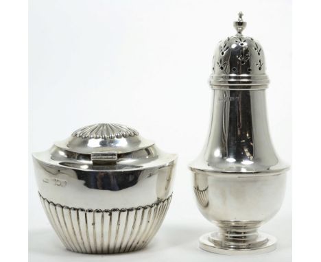 A silver caster, George Unite, Birmingham 1921, plain with pull off cover; and a silver caddy or sugar box, London 1897, oval