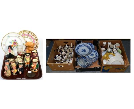 A quantity of small Royal Doulton character jugs, 19th century Spode plate with a family crest, floral Dresden plate, Beswick