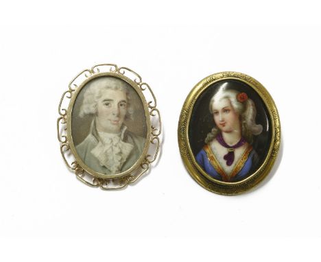 A painted miniature portrait of a 19th century gentleman in a gold brooch mount (tested as approximately 9ct gold), and a gil