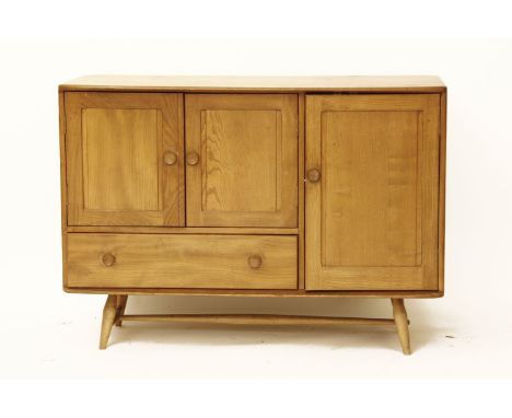 An Ercol light elm sideboard, on short legs, united by stretchers, 113 x 50 x 82cm