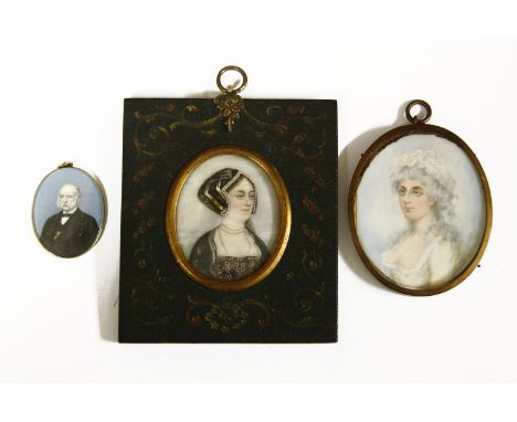 A Victorian miniature portrait on ivory of a moustached gentleman, in a gilt frame, 4 x 3.5cm, together with a miniature on i