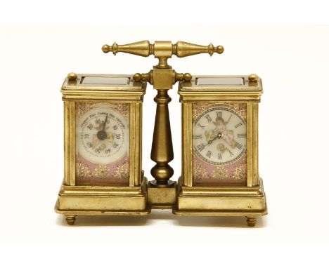 A tabletop miniature brass carriage clock and barometer, with pink and gilded enamelling and figurative reserves