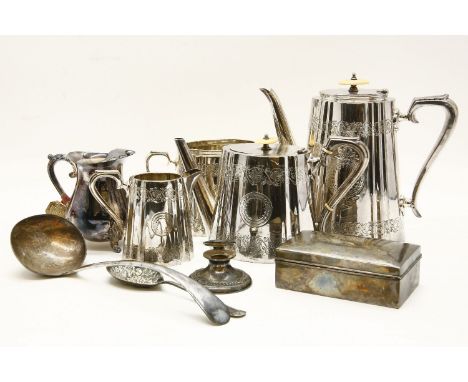 A collection of silver plated items, together with a silver cigarette box, and a Capstan inkwell