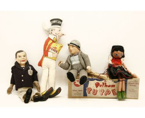 Four dolls, including Sunny Jim, Archie Andrews, a gypsy Pelham Puppet, and Lapino Lane with signed theatre programme, and ph