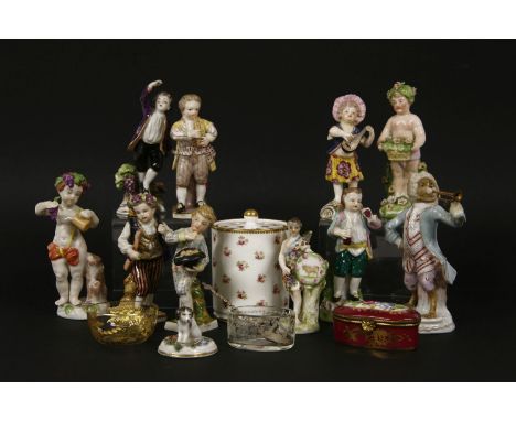 A collection of 19th century Continental porcelain figures, to include Volkstedt, Thuringia, etc, together with two glass ope