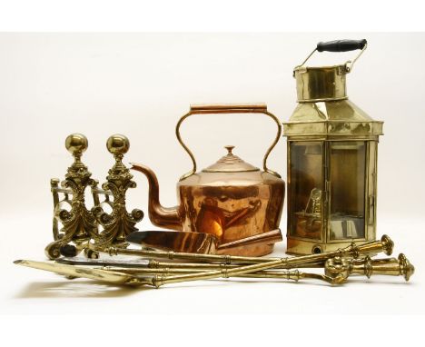 Brass and copper items, lamp, kettle, three fire tools and dogs