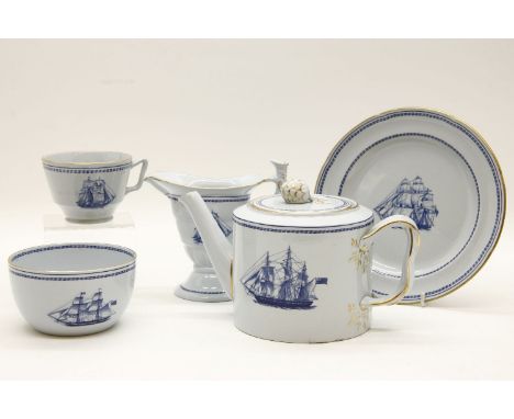 A modern Spode Trade Winds pattern tea service, consisting of a teapot, cups, saucers, sandwich plates, and two pie dishes