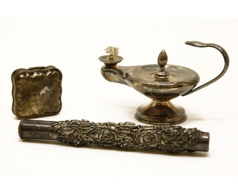 An Asprey silver cigar lighter in the form of an oil lamp, with serpent handle  together with a parasol handle and a silver p