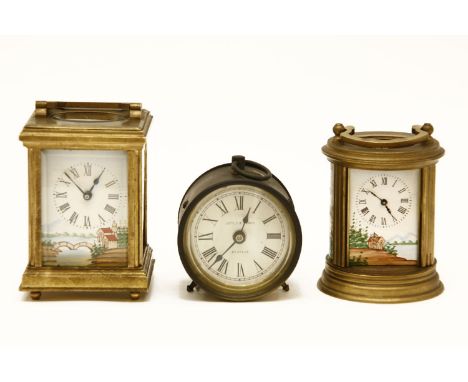 A Botly and Lewis miniature mantel clock, together with two miniature brass carriage clocks with painted panels