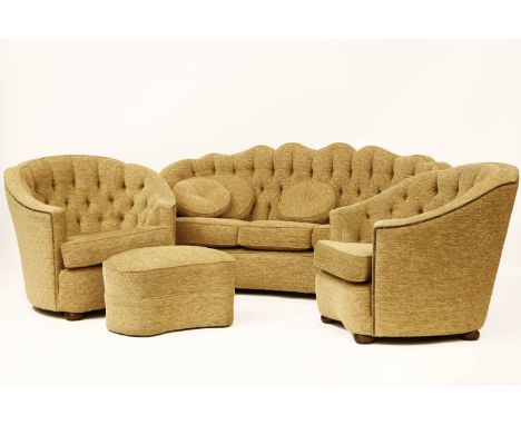 An Epstein style three piece suite, with cushions, and a pouffe, settee 184cm wide