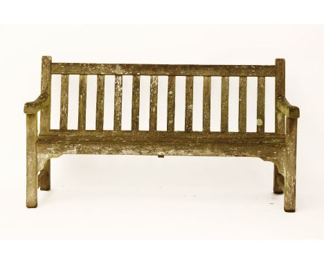 A teak garden bench with slatted back and seat, 153cm wide