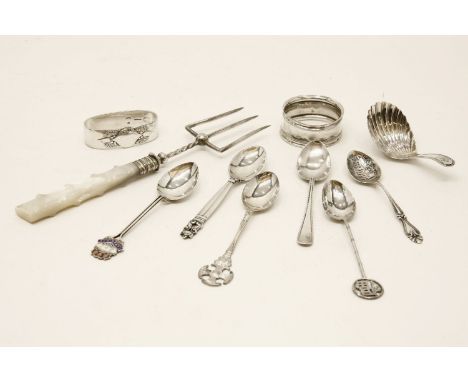 Georg Jensen silver napkin ring, similar spoon, Georgian tea caddy spoon and a collection of flatware