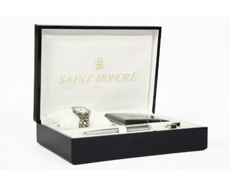 A gentleman's stainless steel Saint Honoré quartz bracelet watch, white enamel dial with Arabic numerals and date aperture, w