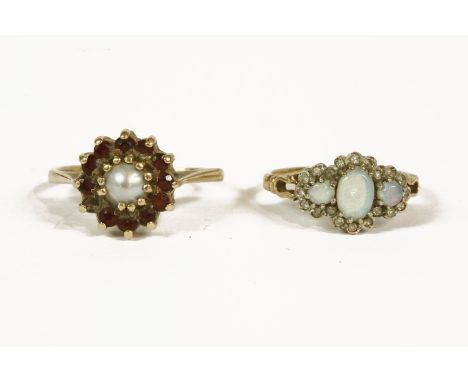 A 9ct gold opal and diamond triple cluster ring, and a gold cultured pearl and garnet cluster ring (stone deficient)garnet 2.