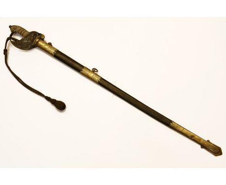 A 19th Century naval sword with brass mounts and shagreen handle, the hinged lock stamped R. Davies, 81cm long