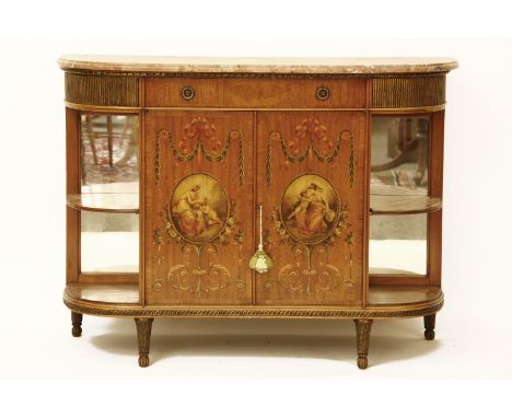 A reproduction French satinwood and marble top cabinet, painted with oval portrait medallions, swags and ribbons, with two co