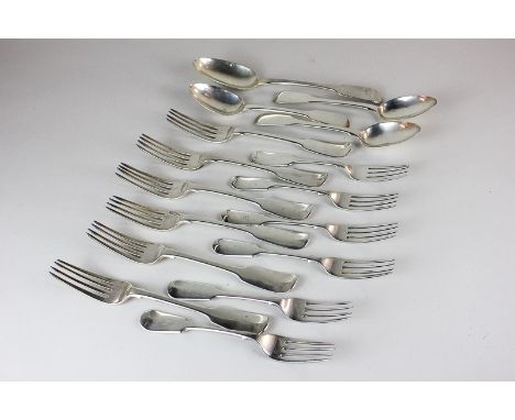 A George IV and later part matched fiddle pattern silver canteen comprising a set of five table forks, maker Henry Holland 18