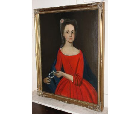 19th century school, portrait of a young lady in red dress, with lace veil and blue cape, holding a circle of white flowers, 