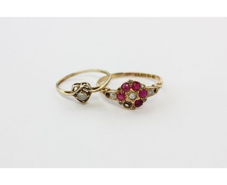 A ruby and diamond cluster ring (some stones missing) and a pearl ring