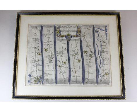 John Ogilby, late 17th century strip map, The Road from London to Harwich, Essex, engraved and tinted, Brian J Page label ver