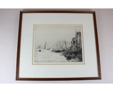 William Lionel Wyllie ARA (1851-1931), boats on the Thames, City of London, etching, signed in pencil, 22cm by 27cm