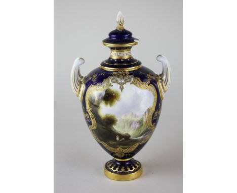 A Royal Worcester porcelain baluster shaped urn and cover, with central hand painted scene of ladies with a castle behind, si