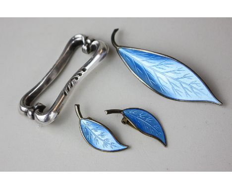 David Andersen, a silver gilt and enamel large leaf brooch with matching ear clips in blue enamel together with a silver scro